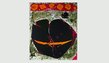 an abstract painting with black, red shapes on green background by Matsumi “Mike” Kanemitsu